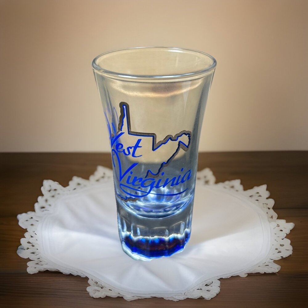 West Virginia State Map Souvenir Shot Glass Heavy walled bottom 3.5” T Blue